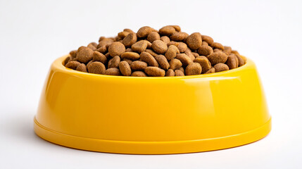 A bright yellow dog bowl filled to the brim with brown kibble against a white background studio shot