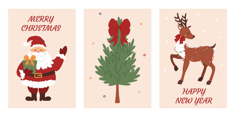 Collection of Merry Christmas and Happy New Year postcards. Traditional cozy winter elements for holidays. New Year and Christmas decorations. Colored flat vector illustrations.