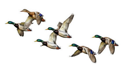 A flock of mallard ducks in flight their wings spread wide isolated on white background