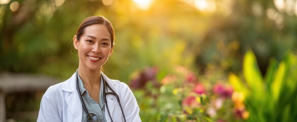The doctor smiling outdoors in a sunlit tropical garden during spring