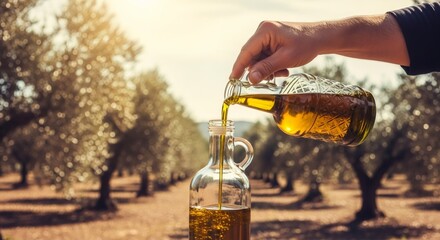 Hand pouring golden olive oil into a bottle in a sunlit olive grove. Natural food production and agriculture concept. Mediterranean diet ingredient.