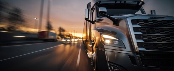 The Truck Roaring Along a Sunset Highway With Motion-Blurred Urban Lights