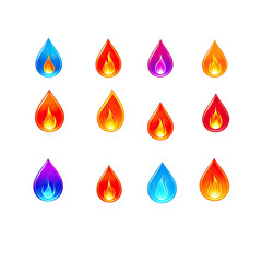Colorful teardrop shaped flames set against black background