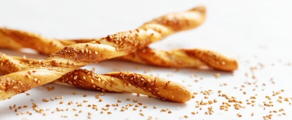 The Breadstick Twists with Sesame Seeds on White Background for Culinary Styling