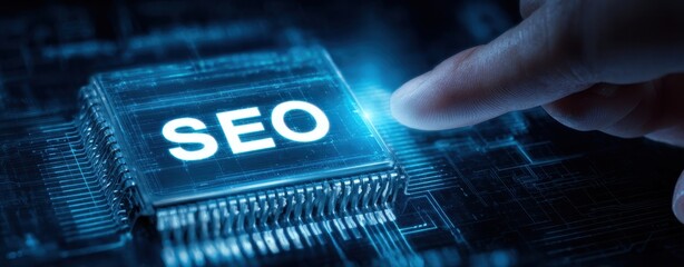 The SEO microchip illuminated on futuristic circuit board with fingertip interaction