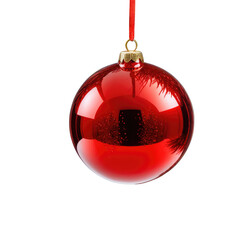 Shiny red holiday ornament hanging from a crimson ribbon with details reflected
