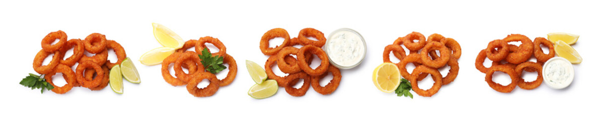 Yummy fried squid rings on white background, set. Top view