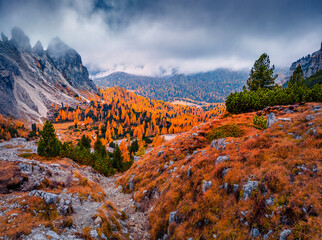 Majestic autumn view of huge cliff in Dolomite Alps, Auronzo Di Cadore location, Italy, Europe. Colorful afternoon scene of Cime Di Lavaredo National Park. Beauty of nature concept background.