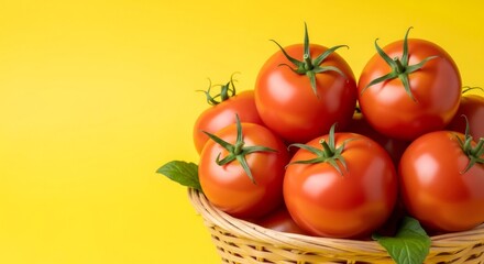 Fresh ripe red tomatoes in a wicker basket on a yellow background. Healthy organic vegetable ingredients. Copy space for text.