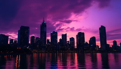 Obraz premium Nighttime Urban Skyline with Reflected Lights and Vivid Purple Sky Horizon View