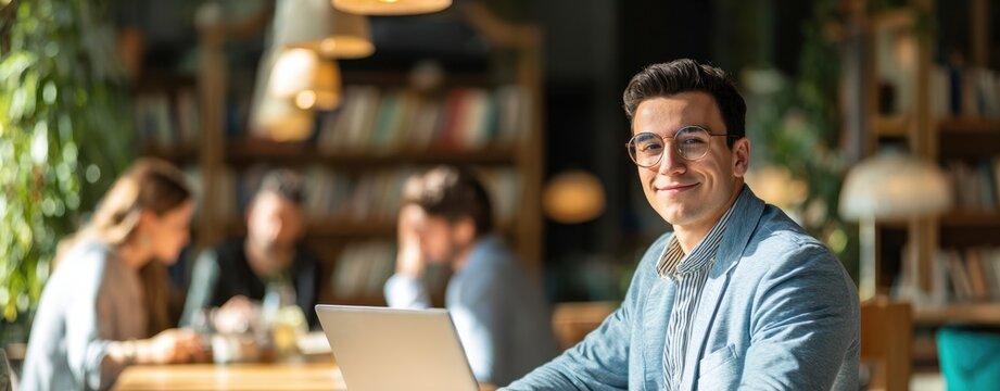 The Man with Laptop Smiling in Modern Cafe Workspace with Colleagues