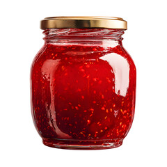 Delicious homemade strawberry jam in a glass jar with fresh ripe berries. Sweet fruit preserve isolated on black background for design.