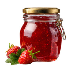 Delicious homemade strawberry jam in a glass jar with fresh ripe berries. Sweet fruit preserve isolated on black background for design.