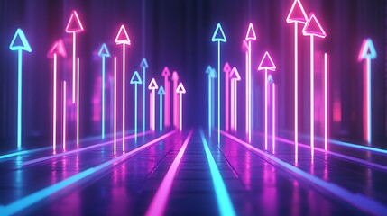 Abstract neon arrows pointing upward in a futuristic tunnel