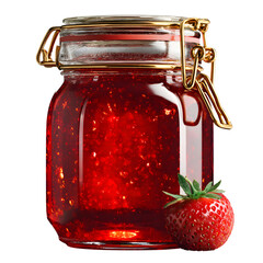 Delicious homemade strawberry jam in a glass jar with fresh ripe berries. Sweet fruit preserve isolated on black background for design.