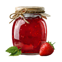 Delicious homemade strawberry jam in a glass jar with fresh ripe berries. Sweet fruit preserve isolated on black background for design.