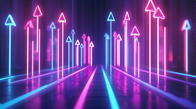 Abstract neon arrows pointing upward in a futuristic tunnel
