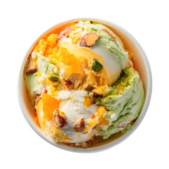 Top view of pistachio and mango ice cream with nuts in a cup. Gourmet Indian Kulfi style frozen dessert isolated on black background.