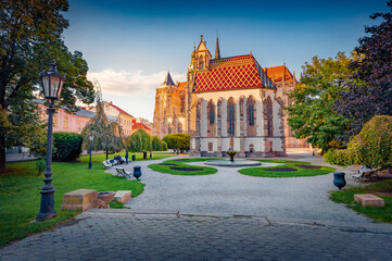 Incredible autumn cityscape of Kosice city in eastern Slovakia, Europe. Sunny evening view of St. Elisabeth's Cathedral - the country's largest Gothic cathedral, built between 1378–1508.