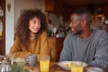 Breakfast Harmony: A tender moment unfolds as a couple engages in a gentle conversation over a delicious meal, exuding warmth and connection.