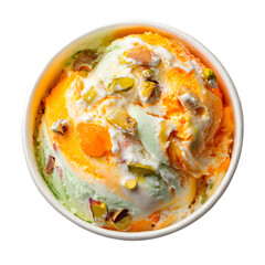 Top view of pistachio and mango ice cream with nuts in a cup. Gourmet Indian Kulfi style frozen dessert isolated on black background.