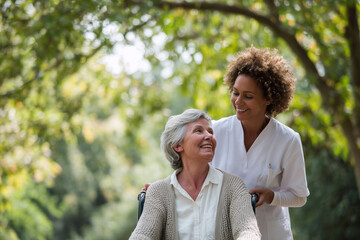 A smiling elderly lady holding hands walks through the park, enjoying nature and their togetherness