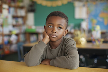Portrait of a smiling young boy sitting on a chair in a class room, looking at the camera