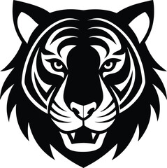 This vector illustration features a powerful wild tiger head tattoo design with a tribal silhouette, embodying feline power and nature's predatorThis vector illustration features a powerful wild tiger