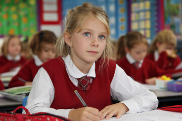 Portrait of a student in a classroom looking at white board