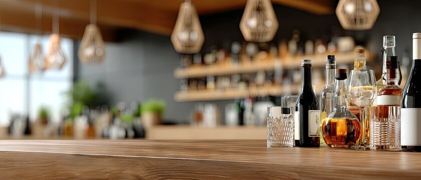 Bottles of assorted beverages on a wooden bar counter in a modern lounge setting during the evening - Powered by Adobe