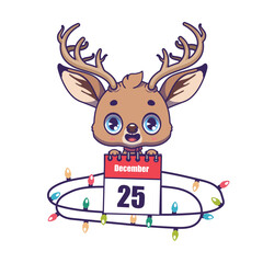 Illustration of a cute reindeer holding the calendar date for Christmas day