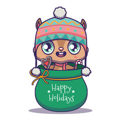 Cute festive squirrel with a colorful warm hat