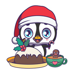 Illustration of a cute penguin with traditional Christmas feast