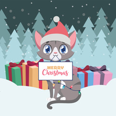 Illustration of a happy cat with a Santa hat and Christmas setting