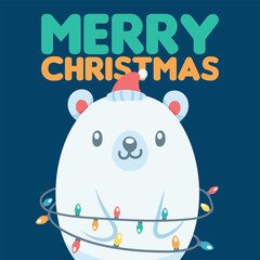 Greeting with an adorable small polar bear wrapped in Christmas lights