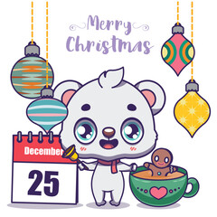 Illustration of a cute happy polar bear with Christmas elements
