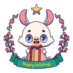 Cute cartoon llama holding a Christmas present