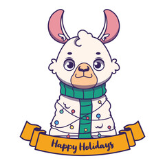 Cute festive llama with a banner depicting Christmas text