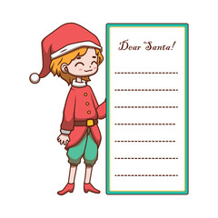 Letter to Santa Claus with a cute elf helper boy
