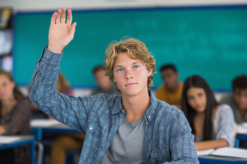 A confident boy raises his hand in a classroom, knowing the answer 