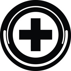Obraz premium Black medical cross symbol inside a circular emblem with a white background