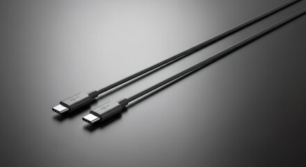 Two black USB-C cables on a dark reflective background. Modern technology for charging and data transfer. Electronic device accessory with copy space.