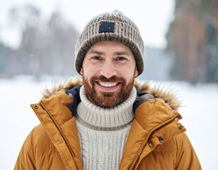 Man, face smiling during winter outdoors in cold snow background in nature