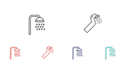 Minimalist shower head line icons in various color schemes displayed