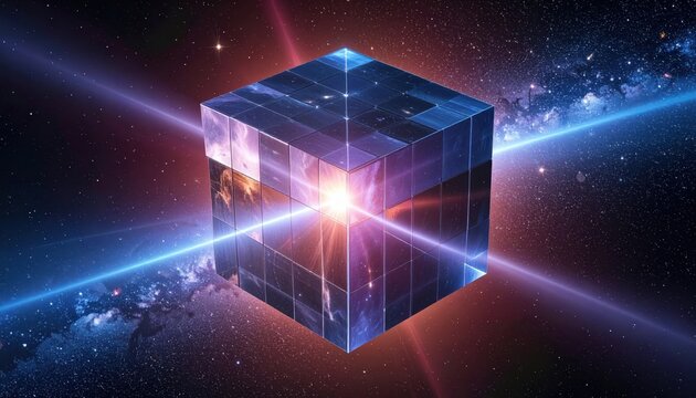 A luminous geometric cube floats in a vast cosmic expanse filled with nebulae, stellar clusters, and a brilliant light source in the center, intersected by energetic, blue beams.