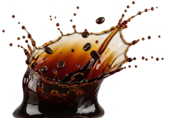 Dynamic dark liquid splash frozen in time capturing refreshing beverage motion isolated on transparent background