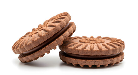 Two chocolate sandwich cookies stacked on a white surface