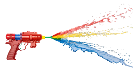 Vibrant water gun playfully spraying red, yellow, and blue streams for summer fun and colorful designs, perfect for childhood joy and playful creativity