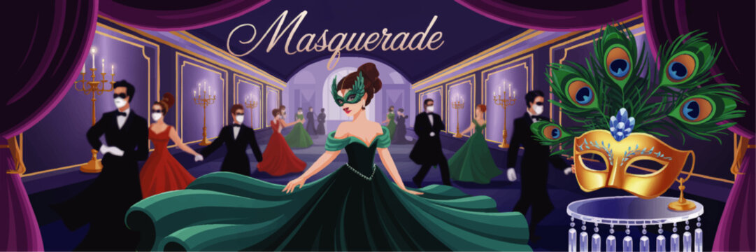 Elegant Masquerade Ball Illustration – People Dancing in Lavish Ballroom, Venetian Masks, Peacock Feathers, Vintage Evening Gowns - Powered by Adobe