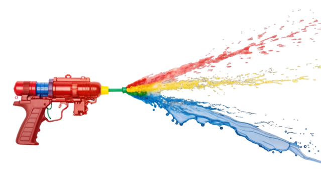 Vibrant water gun playfully spraying red, yellow, and blue streams for summer fun and colorful designs, perfect for childhood joy and playful creativity